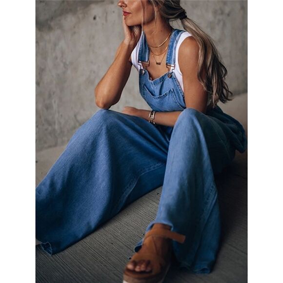Super Wide Leg Denim Overalls with Pockets Boho Hippie 90s Stonewashed - Picture 3 of 4